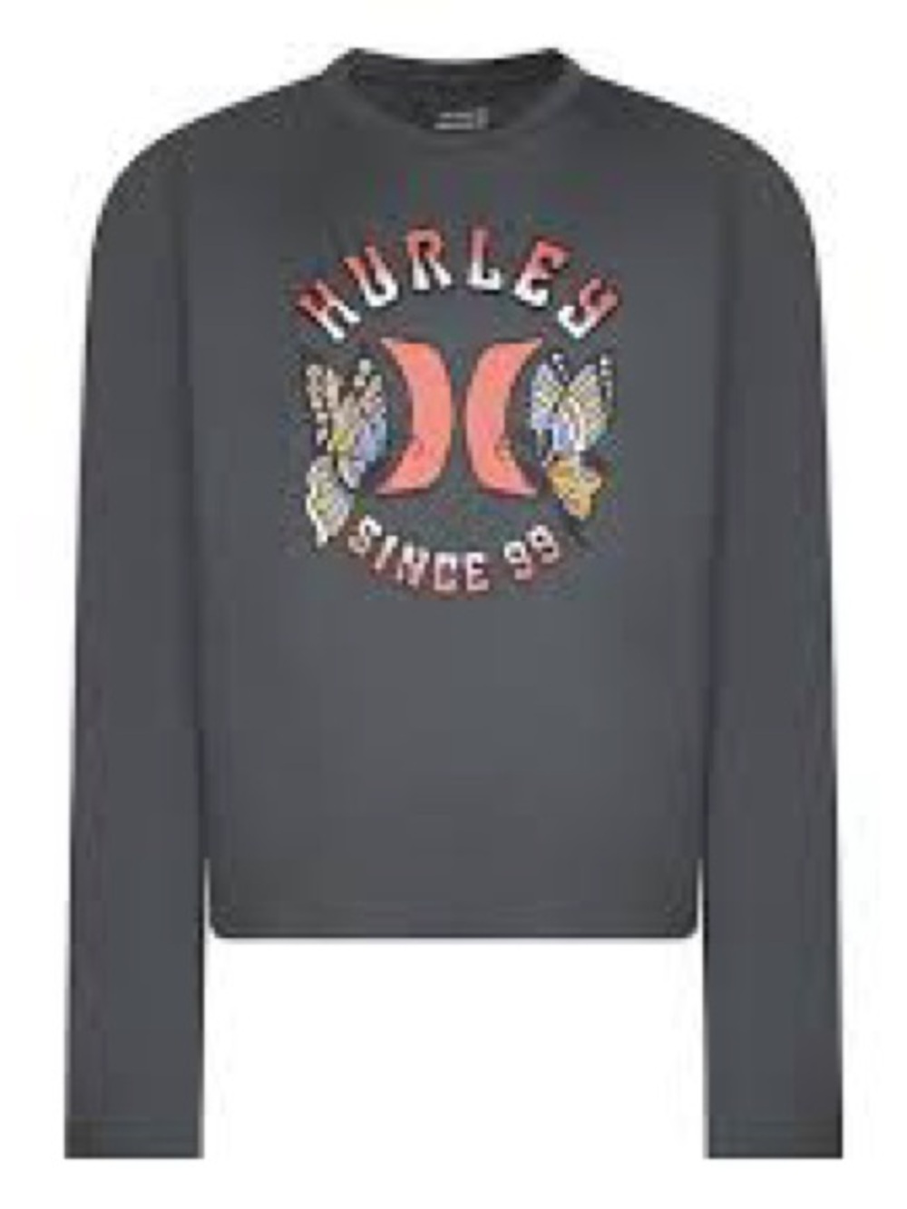 Sold - Hurley Charcoal Long-Sleeve Sweatshirt with Coral Logo and Butterfl